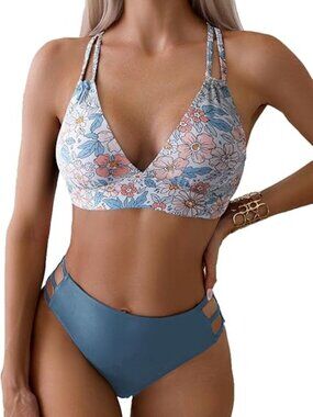 Women's Sexy V Neck Bikini Sets Hollow Out Two Piece Swimsuits Cutout Mid Waist